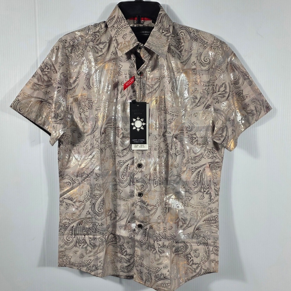 American Breed Mens Smart Shirt Short Sleeve Metallic Paisley Beige Gold Small - Picture 2 of 10